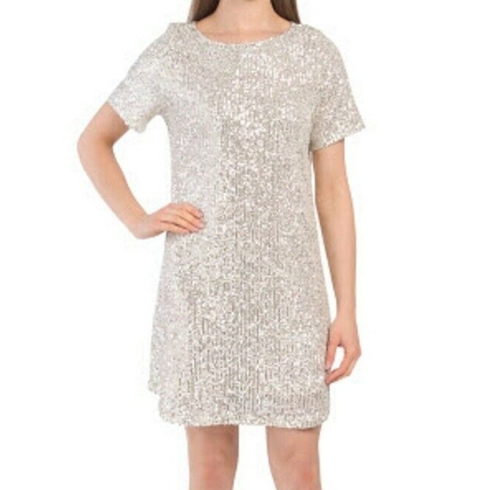 7 For All Mankind‎ 5Y Womens Silver Sequin Shift Mini Dress Short Sleeve Medium